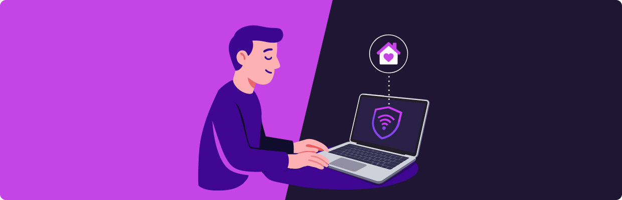 Illustration of a person using a laptop with a secure Wi-Fi shield icon on the screen, connected to a home icon with a heart symbol. The background is split into two colors—purple and dark violet—symbolizing digital connection and online privacy. Represents staying securely connected to your digital home while abroad using a VPN.